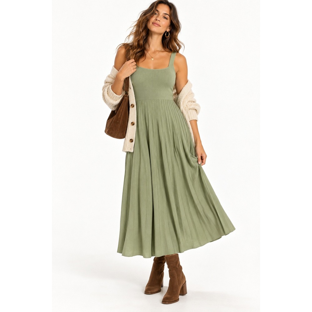 Few Moda Pistachio Viscose Knit Pleated Midi Dress Size L NWT